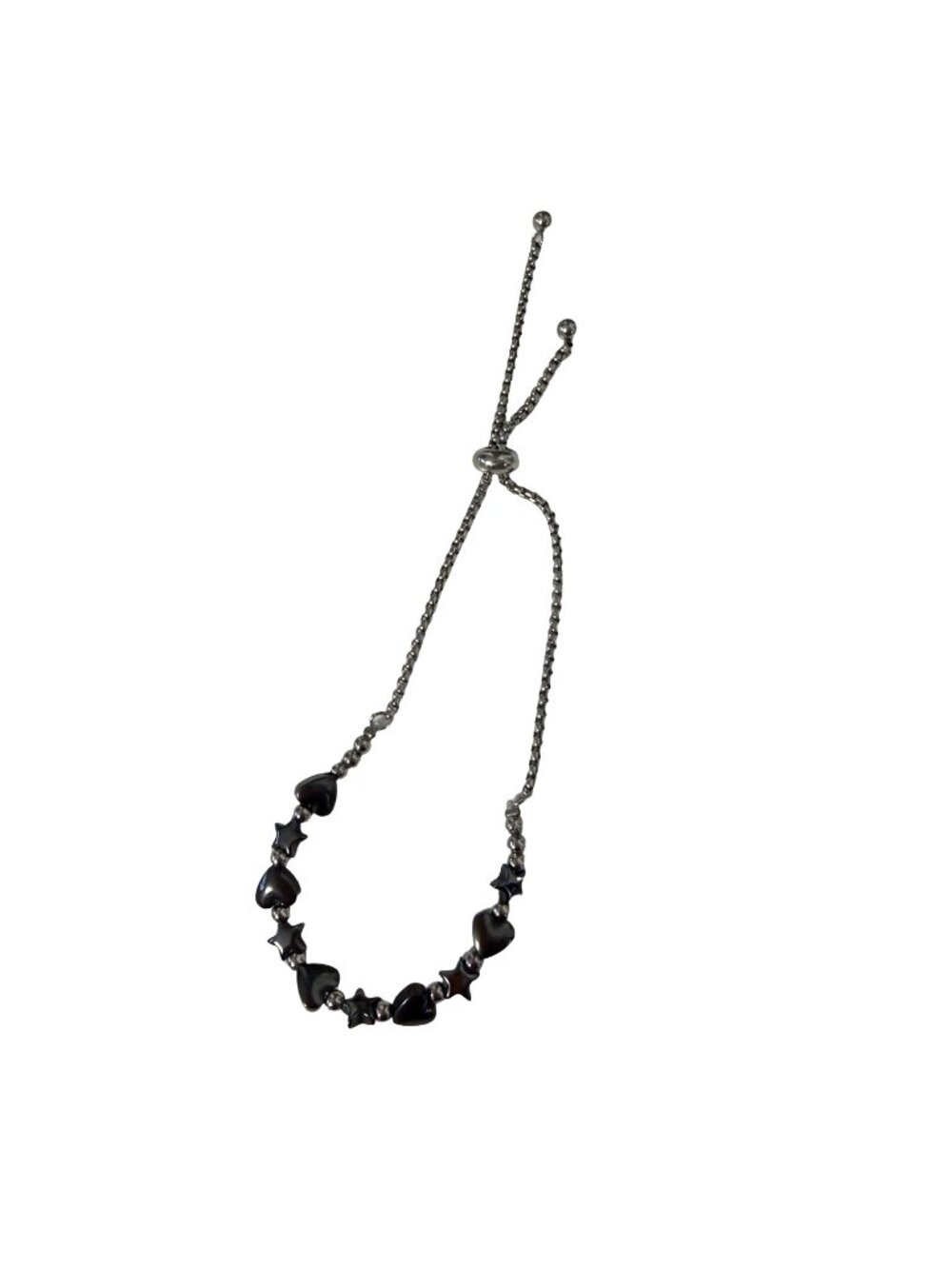 Hematite Heart & Star Beaded Bolo Bracelet Adjustable Gunmetal Silver Tone